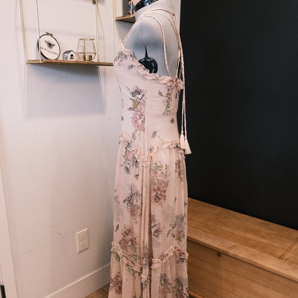 ASOS Design Pink floral chiffon beaded maxi dress - Size US 6 - Picture 4 of 8